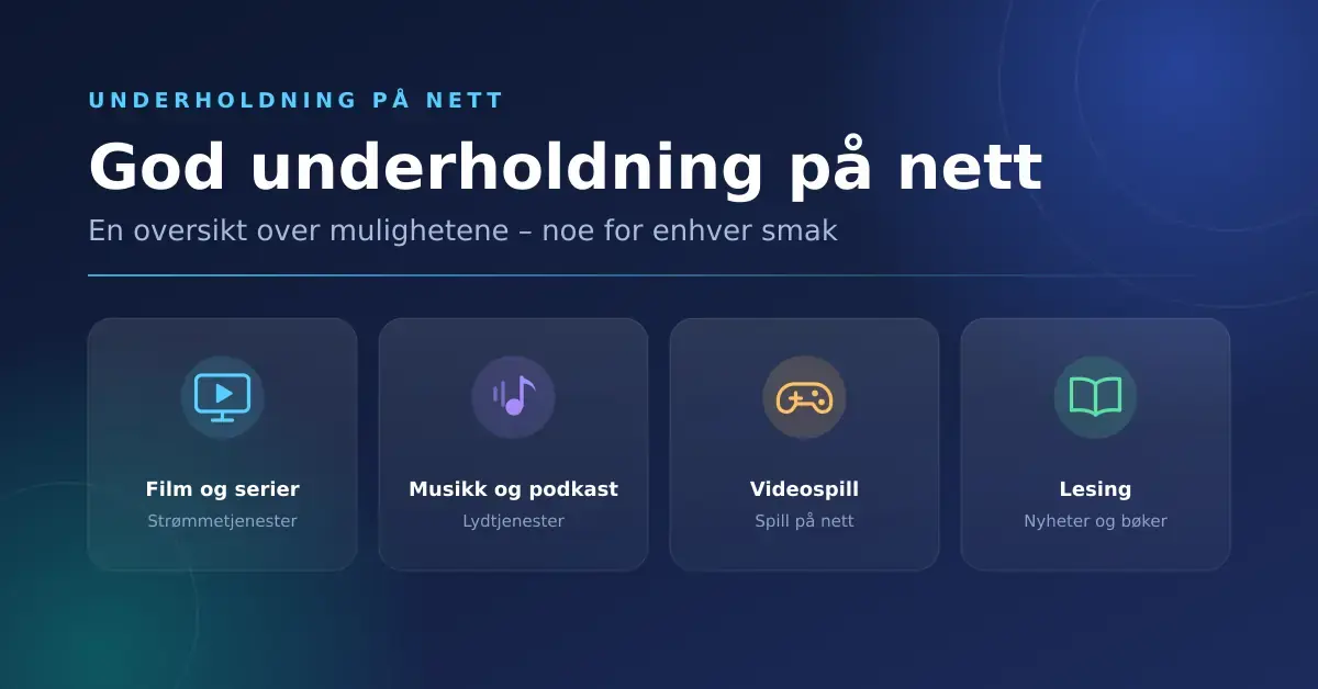 Ikonbasert illustrasjon med tittelen «God underholdning på nett» og fire kort som viser film og serier, musikk og podkast, videospill og lesing.