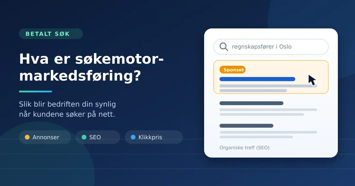 Illustrasjon av søkemotormarkedsføring som viser et søkefelt med en sponset annonse øverst og organiske søketreff under.