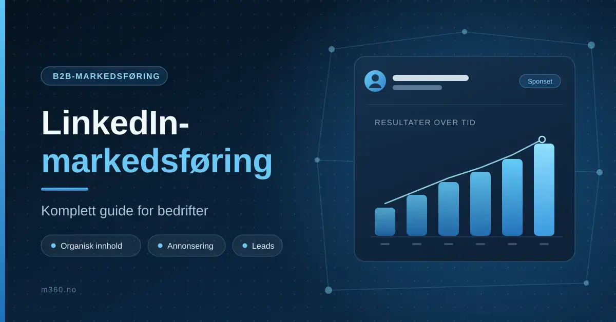 Grafikk med tittelen «LinkedIn-markedsføring – komplett guide for bedrifter» ved siden av et stilisert LinkedIn-innlegg med stigende søylediagram som viser vekst i resultater.