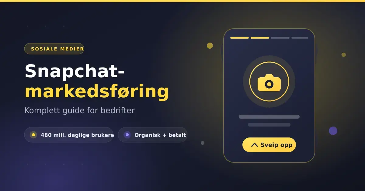 Grafikk med teksten «Snapchat-markedsføring – komplett guide for bedrifter» ved siden av en mobilskjerm med Stories-format, kameraikon og en «Sveip opp»-knapp.
