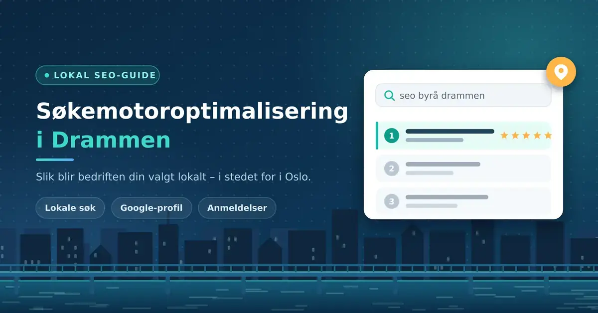 Illustrasjon av søkeresultater for lokale søk i Drammen, med kartnål og byens skyline med elv og bru.