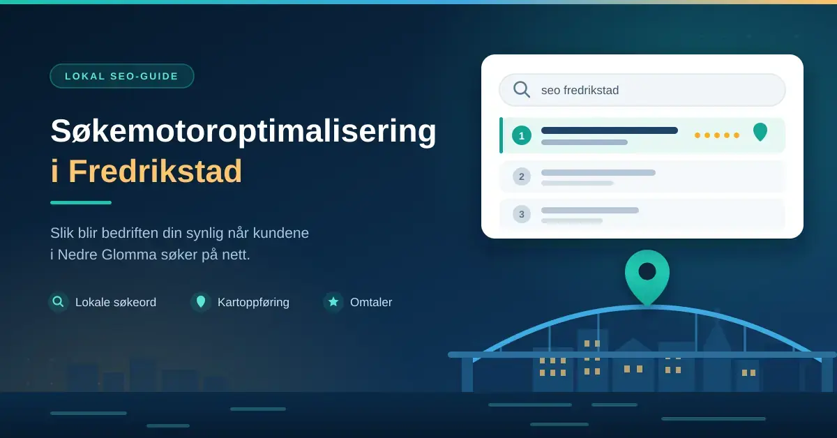 Grafikk med teksten «Søkemotoroptimalisering i Fredrikstad» ved siden av en søkeresultatliste der det øverste treffet er markert, med en kartmarkør over en illustrert brosilhuett og bybebyggelse langs Glomma.