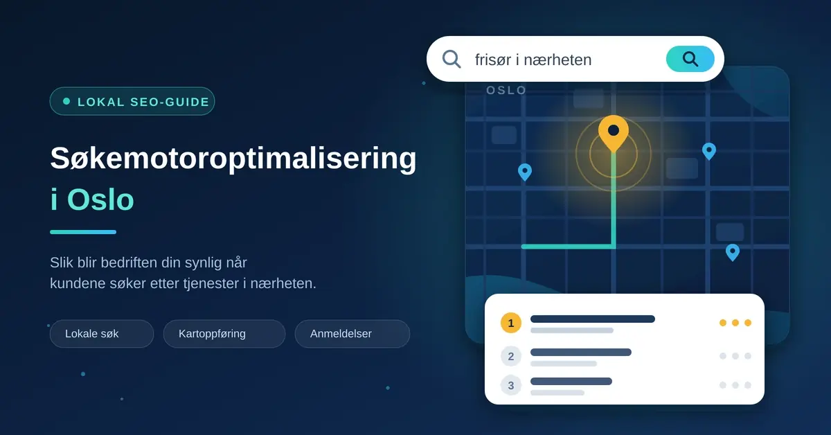 Grafikk med tittelen «Søkemotoroptimalisering i Oslo» ved siden av et stilisert kart over Oslo med kartnåler, et søkefelt med «frisør i nærheten» og en liste over de tre øverste lokale søkeresultatene.