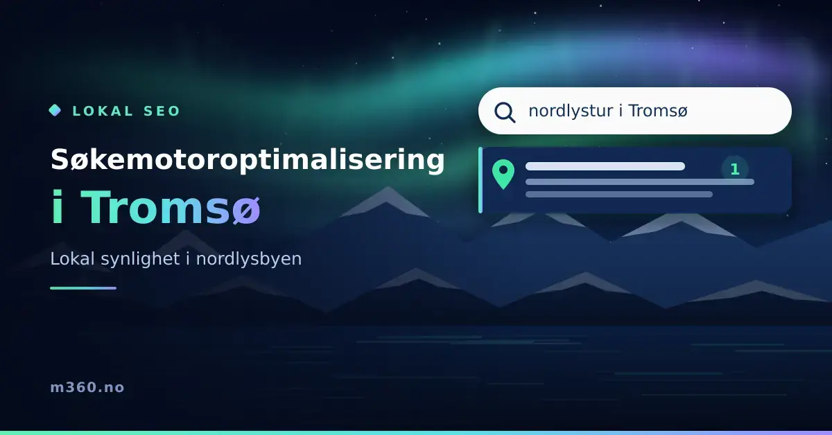 Illustrasjon av nordlys over fjell og fjord i Tromsø med et søkefelt der det står «nordlystur i Tromsø» og et lokalt søkeresultat på førsteplass, til teksten «Søkemotoroptimalisering i Tromsø – lokal synlighet i nordlysbyen».