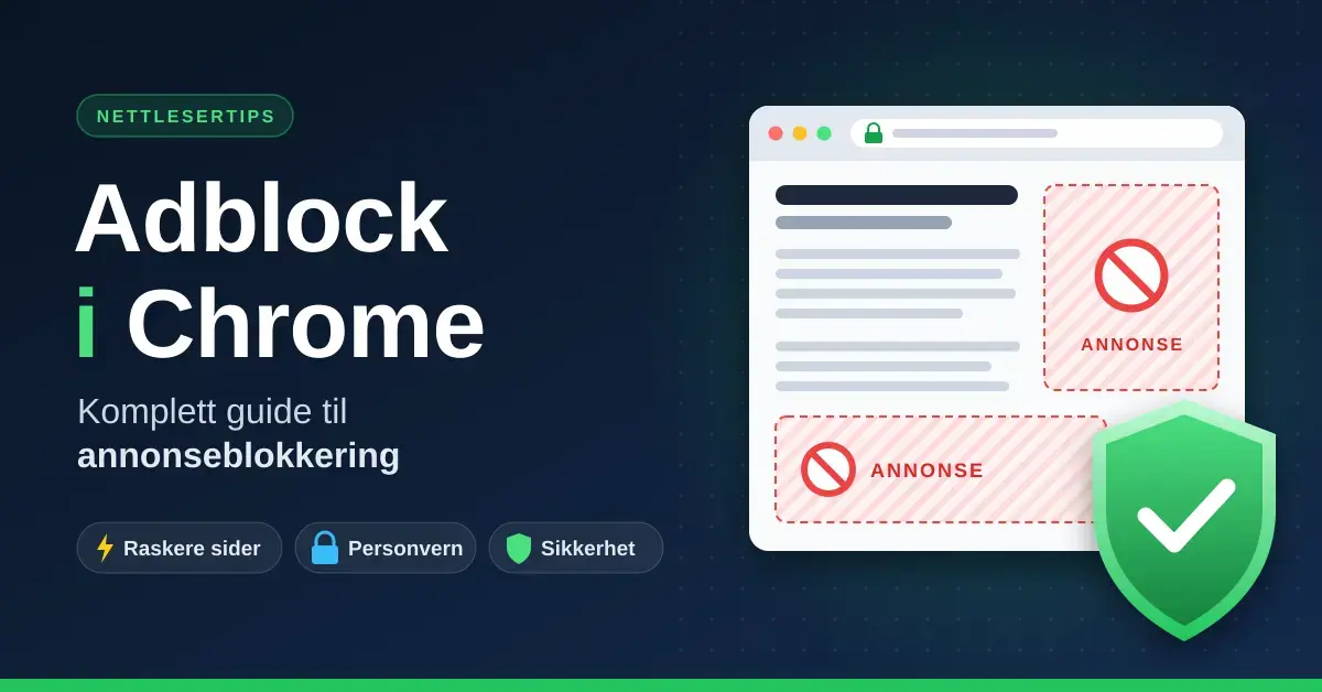 Illustrasjon av et nettleservindu der annonser er blokkert og markert med røde forbudsskilt, et grønt skjold med hake og teksten «Adblock i Chrome – komplett guide til annonseblokkering».