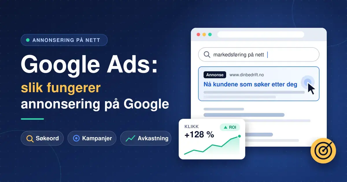 Illustrasjon med teksten «Google Ads: slik fungerer annonsering på Google» ved siden av et nettleservindu med et søkeresultat merket «Annonse», en musepeker som klikker og et kort med statistikk som viser økning i klikk og avkastning.