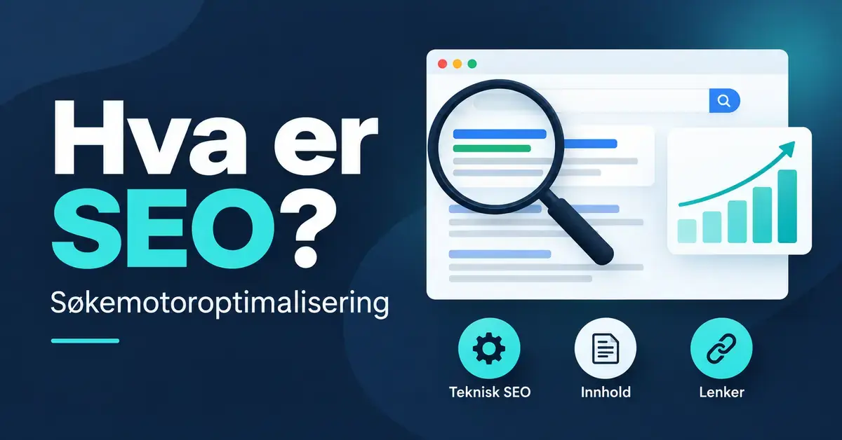 Illustrasjon av søkemotoroptimalisering med et forstørrelsesglass over søkeresultater, en stigende graf og ikoner for teknisk SEO, innhold og lenker.