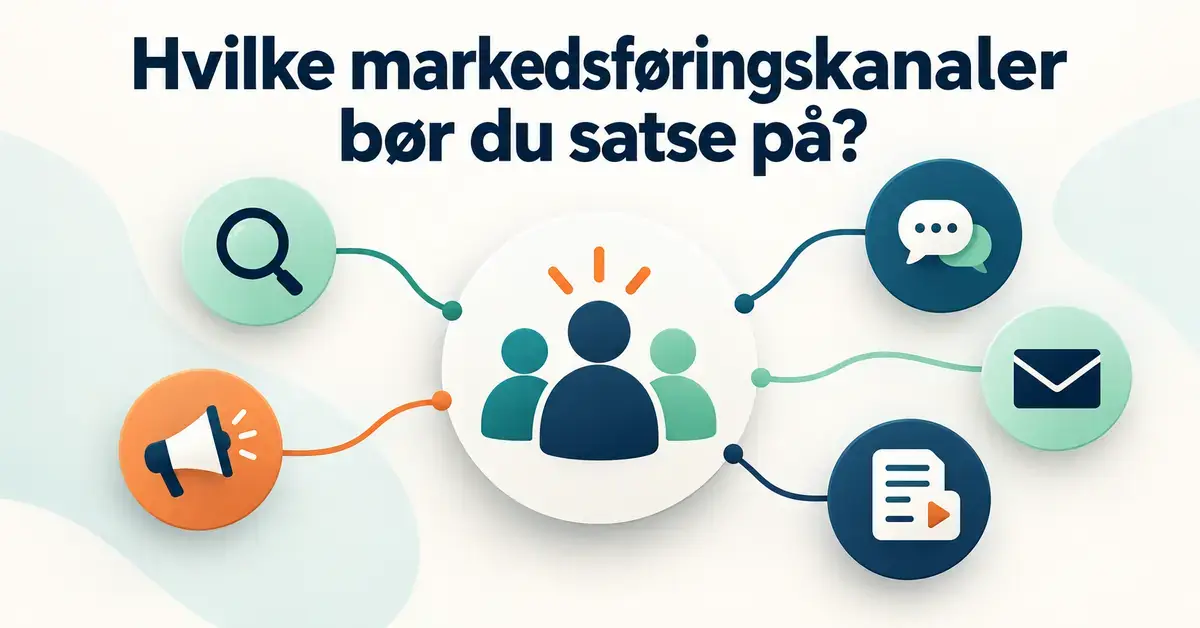 Illustrasjon av en målgruppe koblet til ikoner for søk, annonsering, sosiale medier, e-post og innhold, med overskriften «Hvilke markedsføringskanaler bør du satse på?».