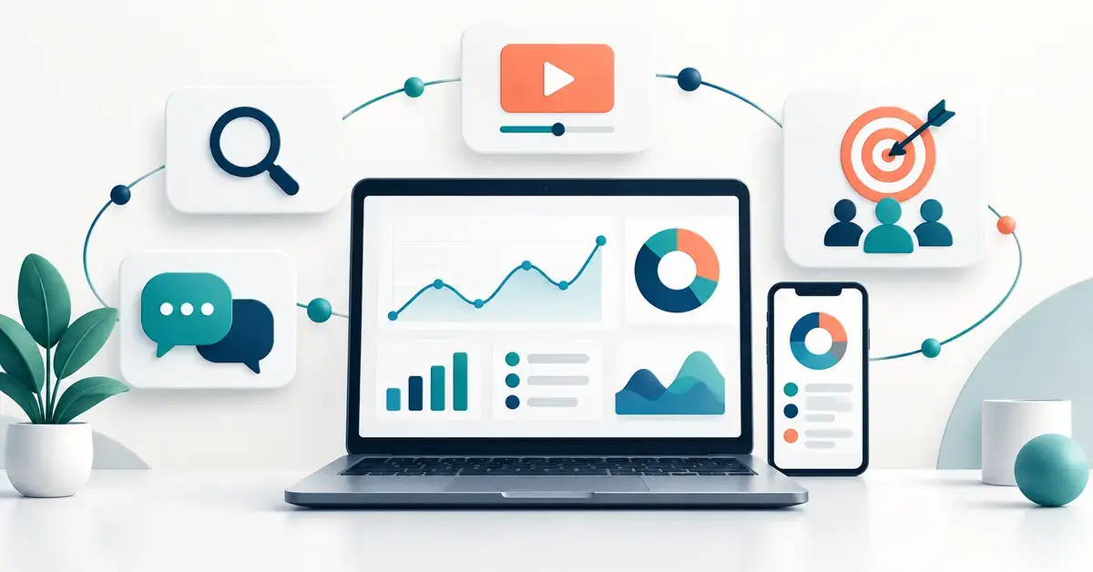 Illustrasjon av digital markedsføring med datamaskin og mobil som viser analyser, omgitt av symboler for søk, video, sosiale medier og målretting.