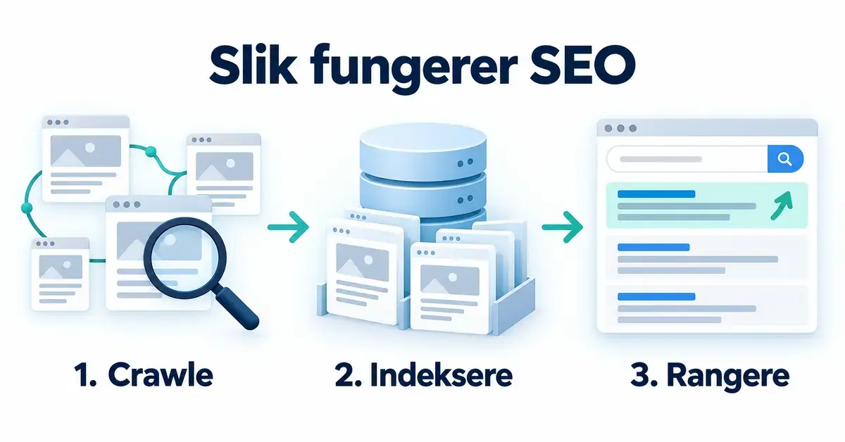 Illustrasjon av hvordan søkemotorer finner nettsider, indekserer dem i en database og rangerer dem i søkeresultatene.