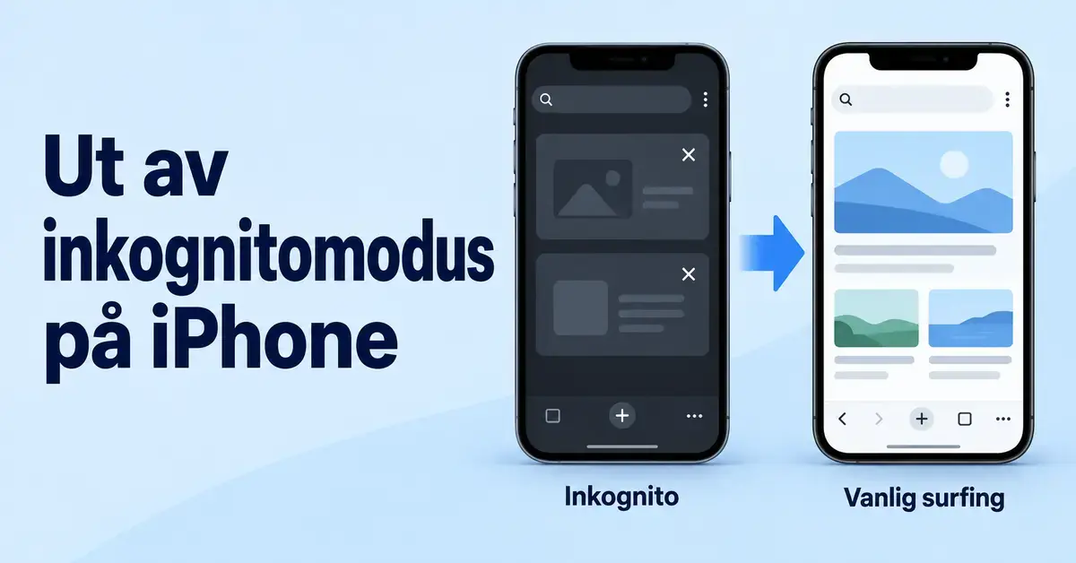 Illustrasjon av to mobilskjermer med en pil fra mørke inkognitofaner til vanlig surfing og teksten «Ut av inkognitomodus på iPhone».