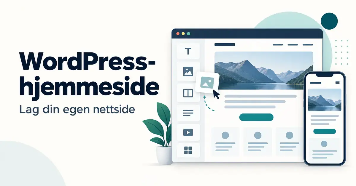 Illustrasjon av en nettsidebygger med innholdsblokker og mobilvisning, med teksten «WordPress-hjemmeside – Lag din egen nettside».