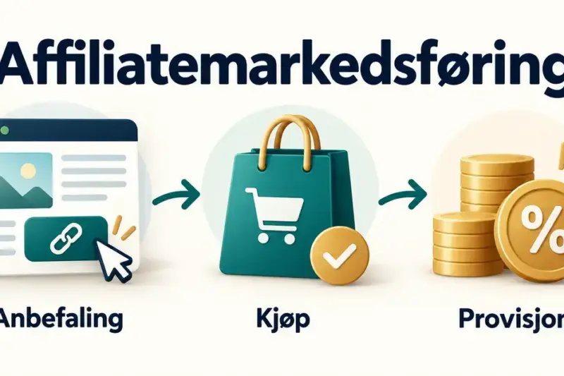 Illustrasjon av affiliatemarkedsføring der en anbefaling med en sporingslenke fører til kjøp og provisjon.