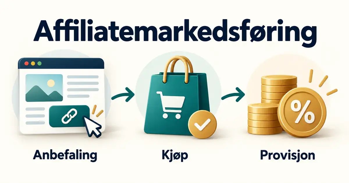 Illustrasjon av affiliatemarkedsføring der en anbefaling med en sporingslenke fører til kjøp og provisjon.