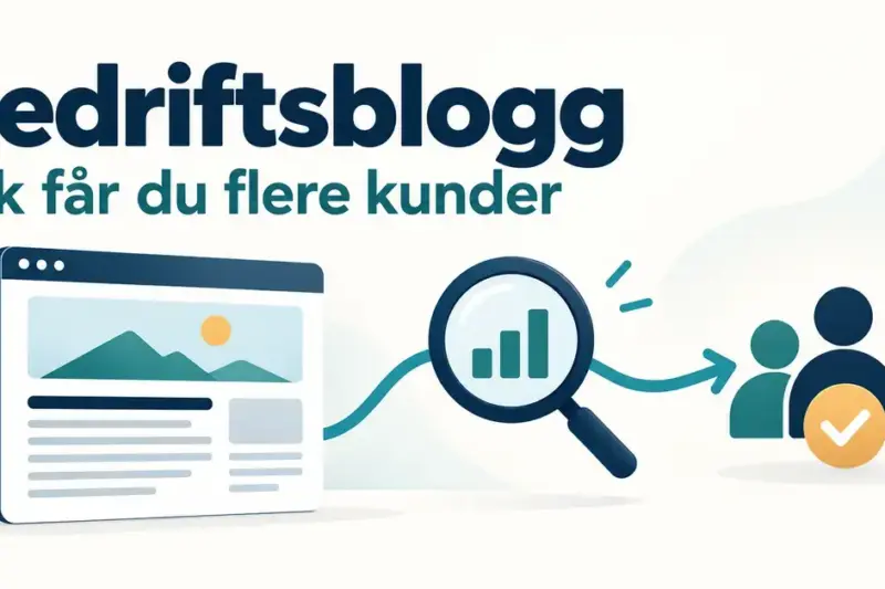 Illustrasjon av en bedriftsblogg som gjennom økt synlighet i søk gir flere kunder, med teksten «Bedriftsblogg – Slik får du flere kunder».