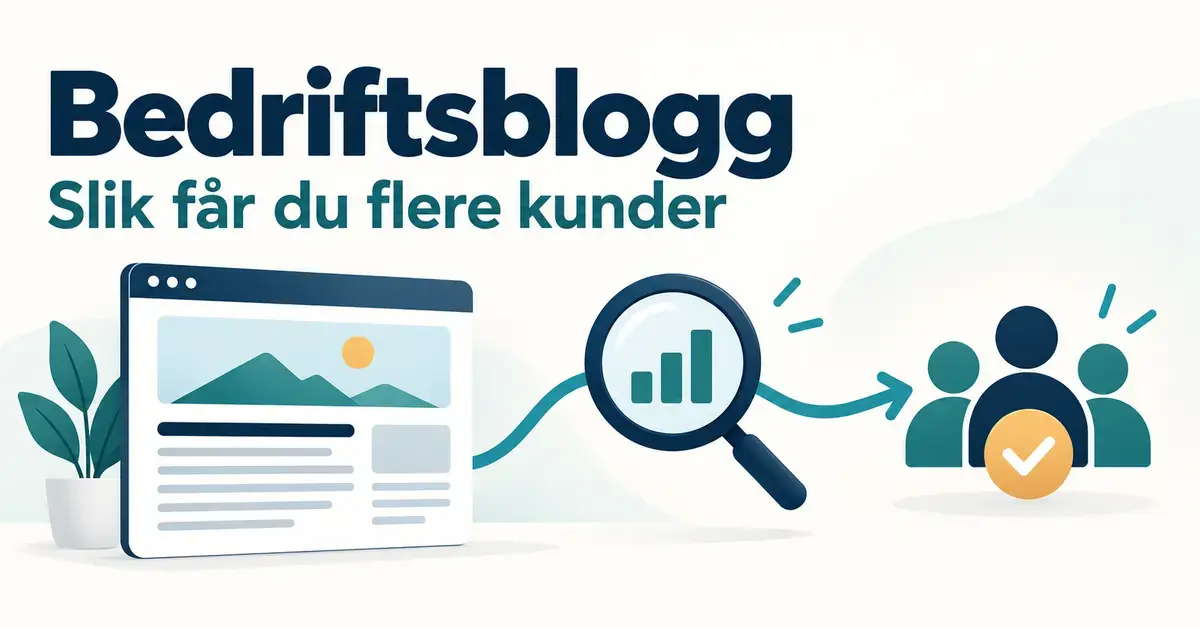 Illustrasjon av en bedriftsblogg som gjennom økt synlighet i søk gir flere kunder, med teksten «Bedriftsblogg – Slik får du flere kunder».