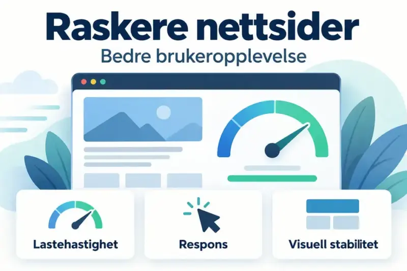 Illustrasjon av en nettside med hastighetsmåler og symboler for lastehastighet, respons og visuell stabilitet, de tre dimensjonene i Core Web Vitals.