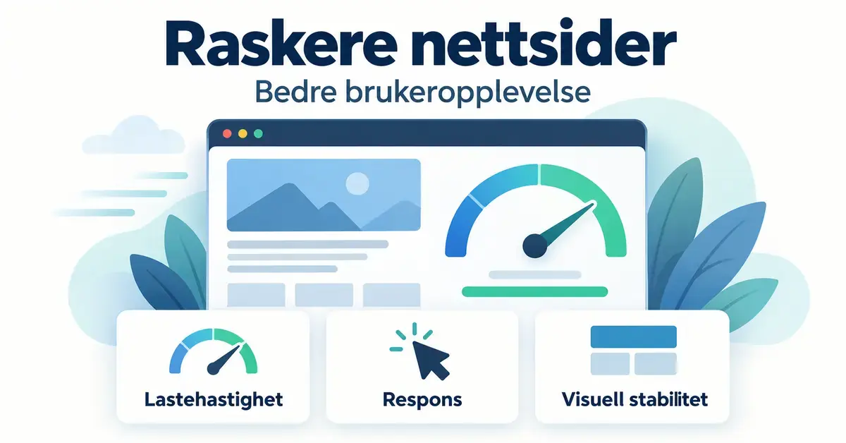 Illustrasjon av en nettside med hastighetsmåler og symboler for lastehastighet, respons og visuell stabilitet, de tre dimensjonene i Core Web Vitals.