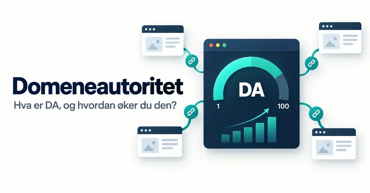 Illustrasjon av domeneautoritet med en DA-måler fra 1 til 100, sammenkoblede nettsider og et stigende søylediagram.