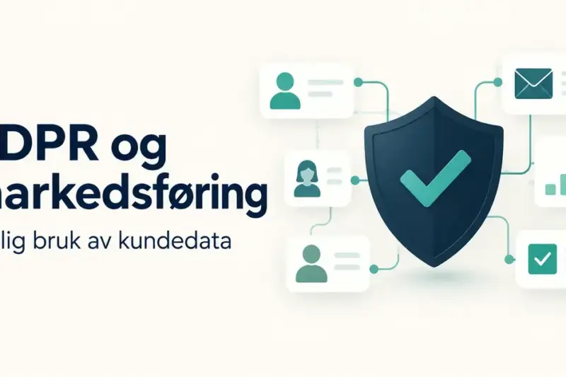 Illustrasjon av et skjold med hake omgitt av kundeprofiler, e-post, statistikk og samtykke, med teksten «GDPR og markedsføring – Lovlig bruk av kundedata».