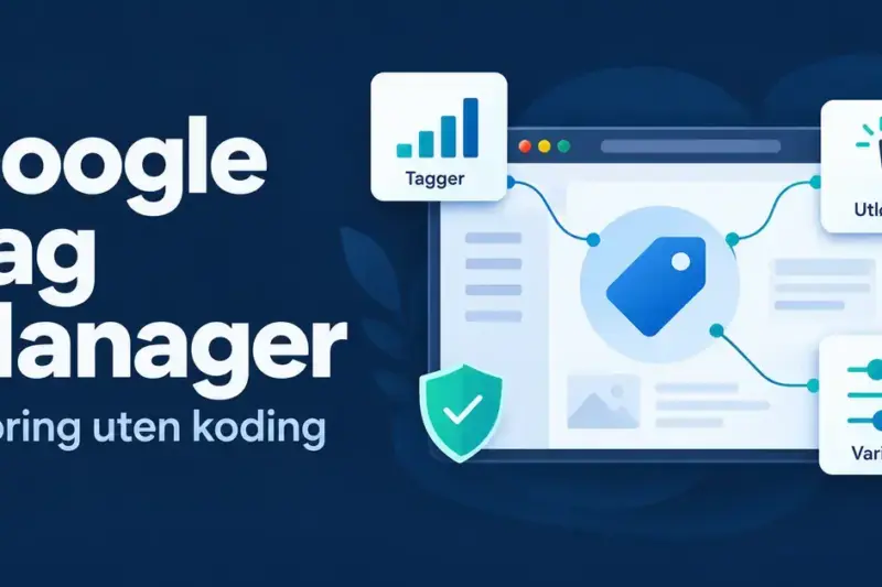 Illustrasjon av Google Tag Manager med tagger, utløsere og variabler koblet til et nettleservindu og teksten «Sporing uten koding».