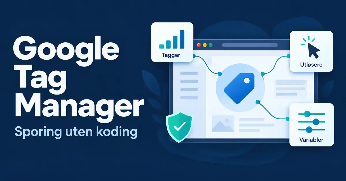 Illustrasjon av Google Tag Manager med tagger, utløsere og variabler koblet til et nettleservindu og teksten «Sporing uten koding».