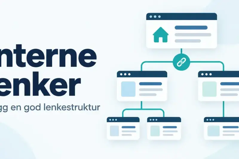 Illustrasjon av en forside koblet til undersider med interne lenker, med teksten «Interne lenker – Bygg en god lenkestruktur».