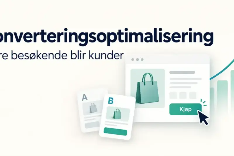 Illustrasjon av konverteringsoptimalisering med A/B-testing, en nettbutikk med kjøpsknapp og en stigende graf som viser flere konverteringer.