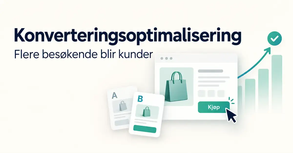 Illustrasjon av konverteringsoptimalisering med A/B-testing, en nettbutikk med kjøpsknapp og en stigende graf som viser flere konverteringer.