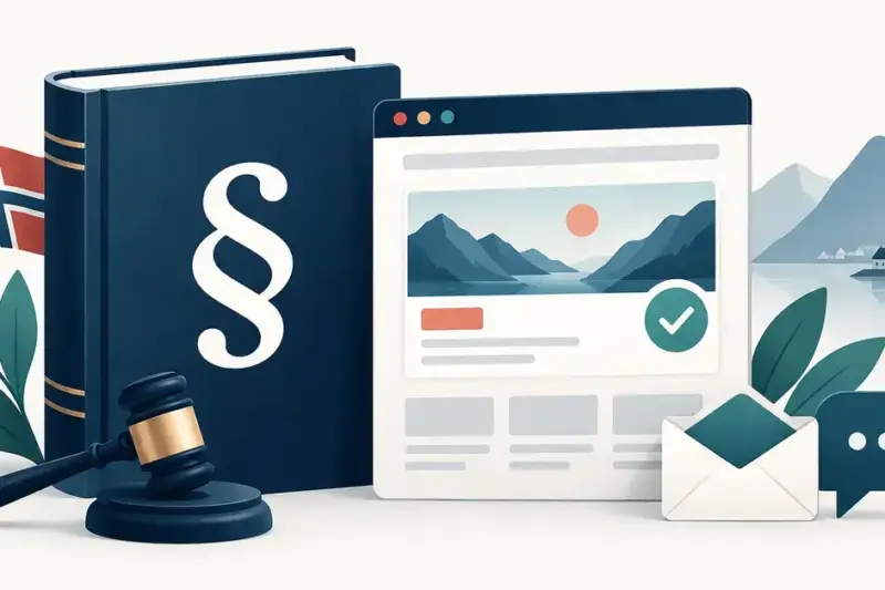 Illustrasjon av en lovbok med paragraftegn, en dommerklubbe og en nettside med avkryssing, omgitt av symboler for e-post og meldinger.