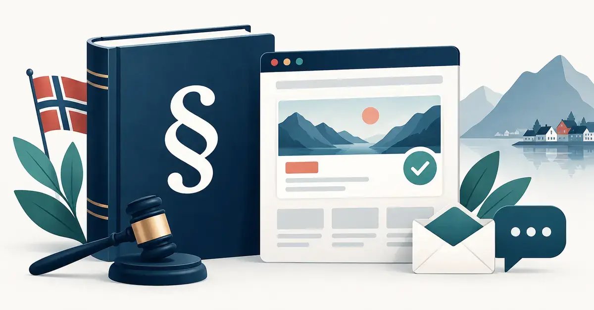 Illustrasjon av en lovbok med paragraftegn, en dommerklubbe og en nettside med avkryssing, omgitt av symboler for e-post og meldinger.