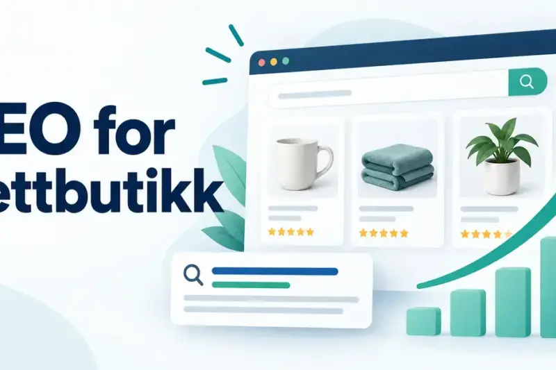 Illustrasjon med teksten «SEO for nettbutikk», produktkort, søkeresultater og en stigende pil som symboliserer bedre synlighet i søkemotorer.