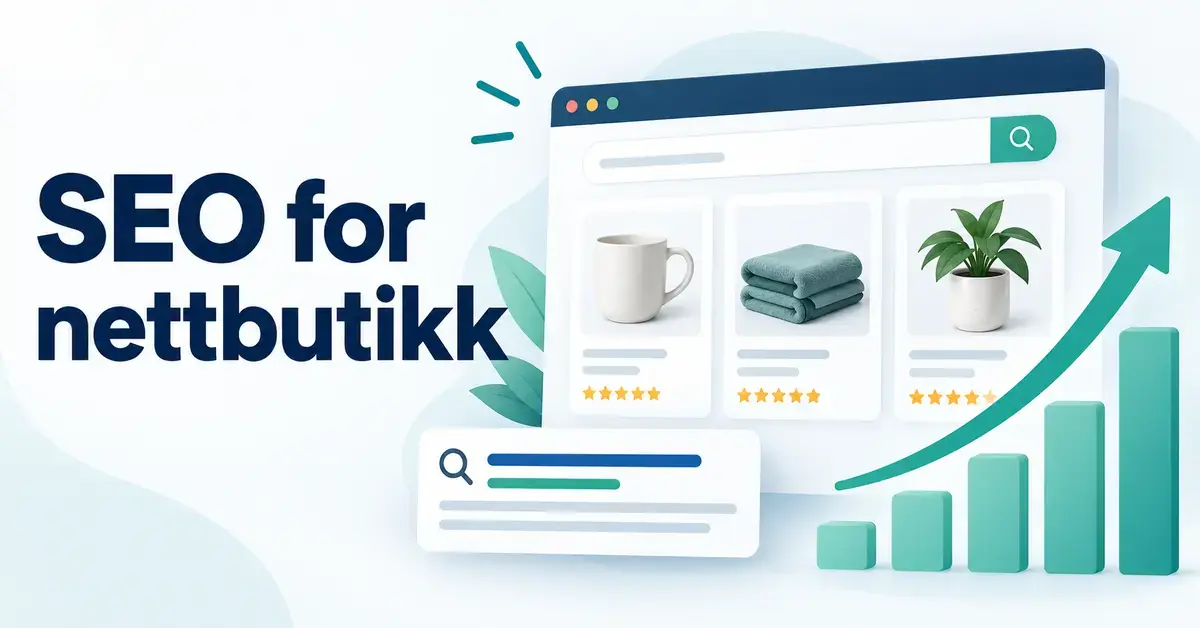 Illustrasjon med teksten «SEO for nettbutikk», produktkort, søkeresultater og en stigende pil som symboliserer bedre synlighet i søkemotorer.